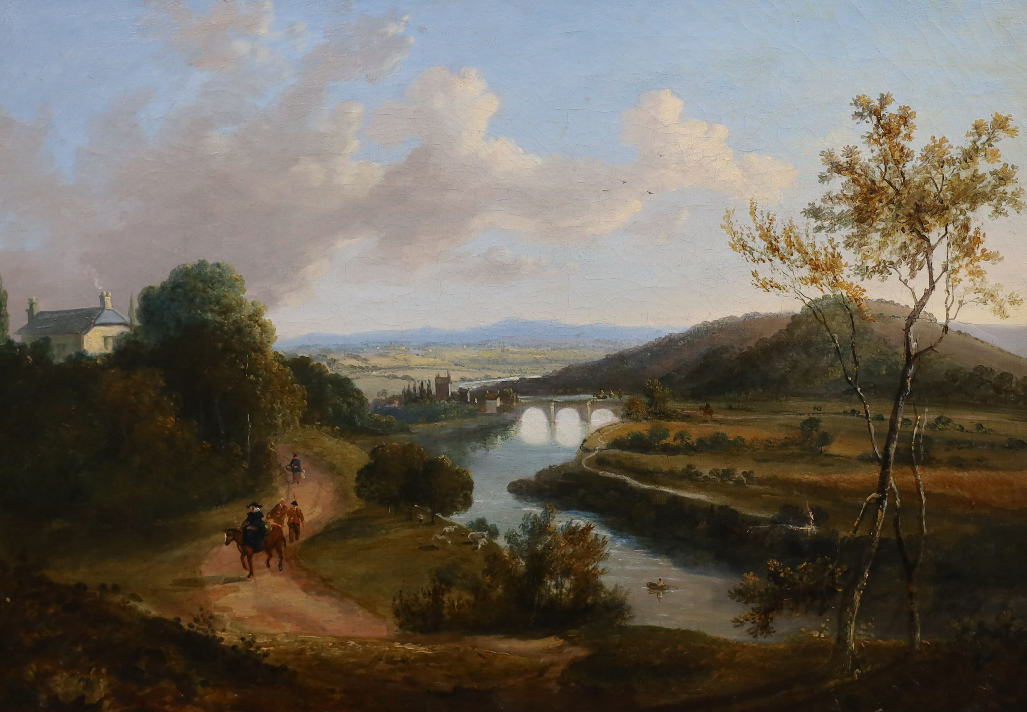 Attributed to John Laporte (1769-1839), Extensive river landscape with clergyman and other figures on a lane, oil on canvas, 34 x 49cm